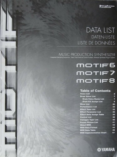 Yamaha MOTIF 6 / 7 / 8 Synthesizer Keyboard Original Data List Manual # 2, 64 pg