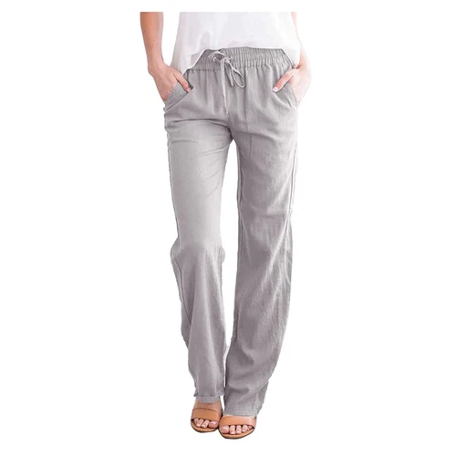 Damen Gerade Elastische Taille Hose Kordelzug Baumwolle Leinen Freizeit Lockere Hose - Bild 5 von 43