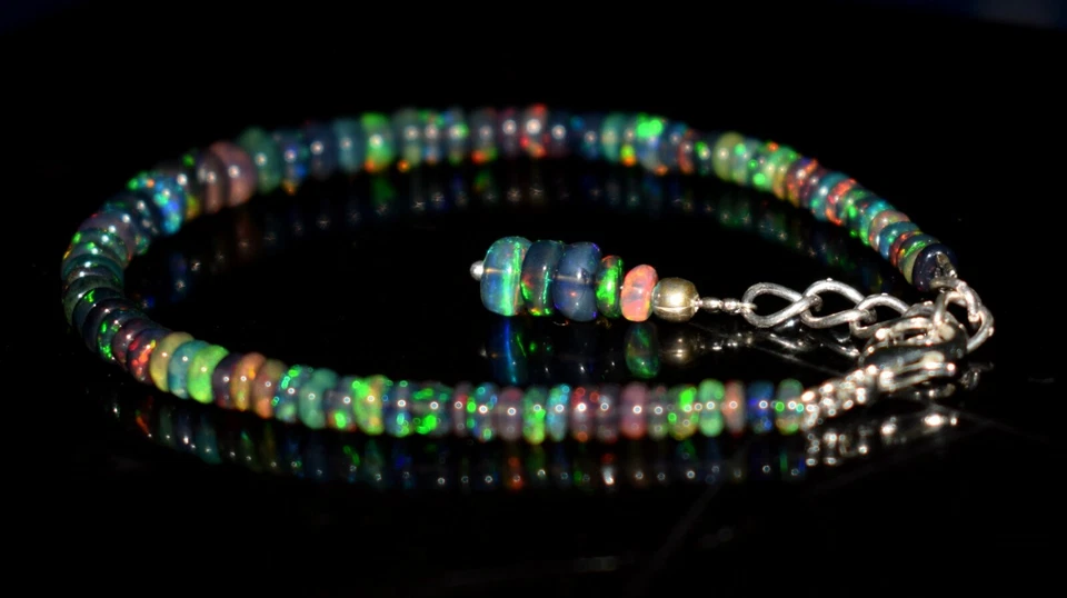Opal Bracelet Ethiopian Black Opal Gemstone Fire Beads 7.5"Bracelet F1720 - Image 3 of 4