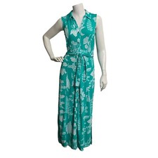 Talbots S/P Maxi V-Neck Full Button Up Sleeveless Belted Green Floral Dress