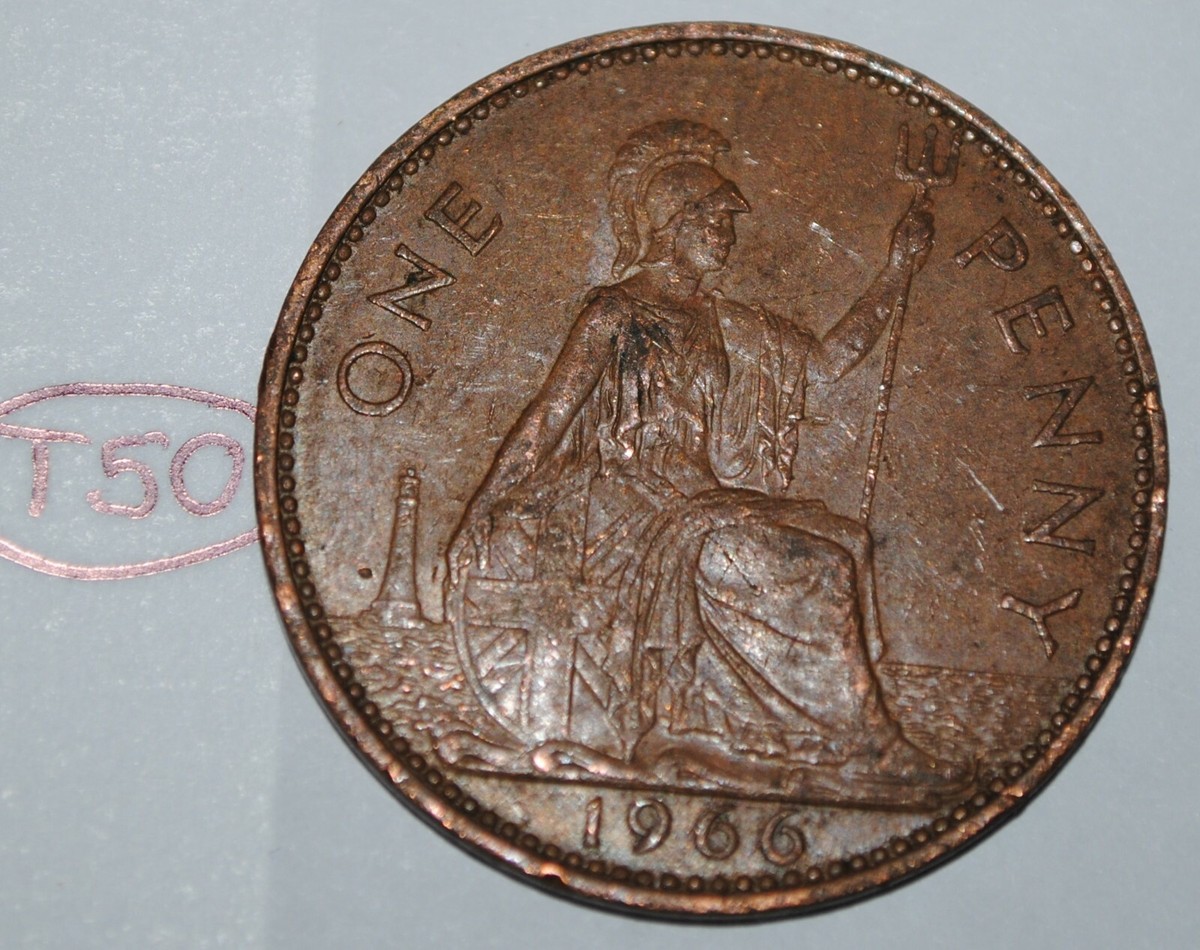 1966 Great Britain 1 Penny Elizabeth II UK Coin KM# 897 Lot #T50