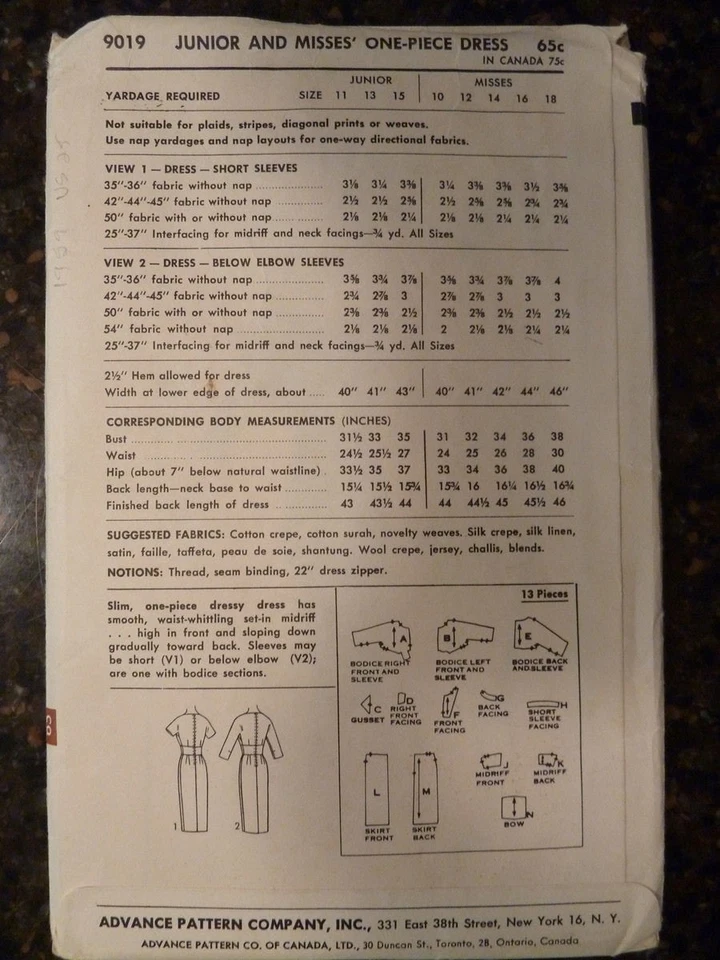 Advance 9019 Junior and Misses Dress Original 1959 Sewing Pattern size 16 Cut - Image 2 of 3