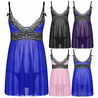 Herren Kleid Sissy Dessous Nachthemd Kleid Babydoll mit Spitzen Saum G-String