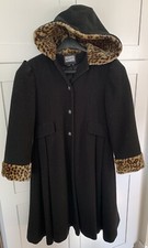 Rothschild Wool Dress Coat Youth Girls 12 Black Hooded Wool Faux Fur Collar/Cuff
