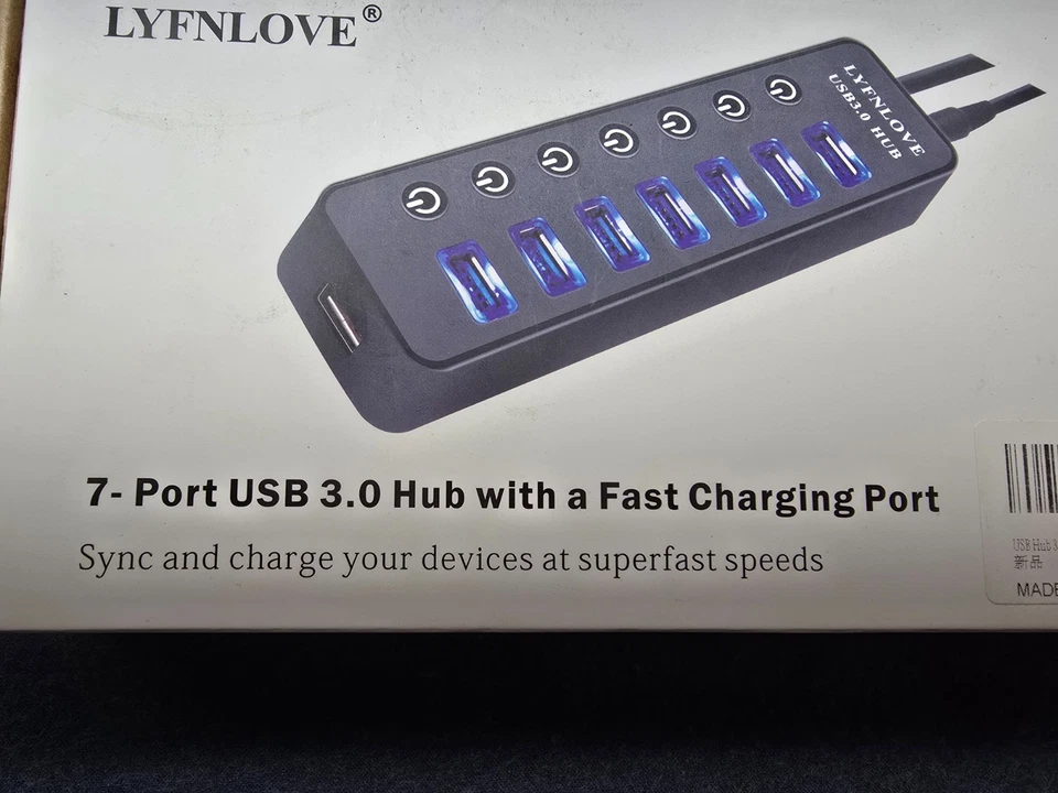LYFNLOVE USB Hub 3.0 Powered USB Extender 7-Port Data USB Hub w/ Power Adapter - Image 2 of 4