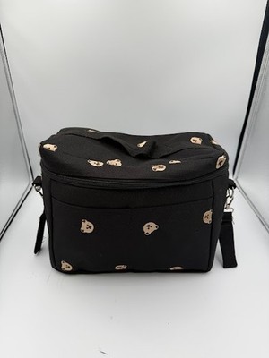Insulated Organizer Bag Black Canvas w/Embroidered Bears For Baby Stroller.  EUC