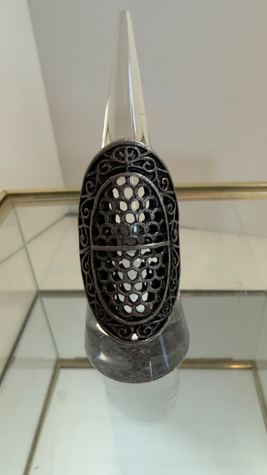 Vintage Gunmetal Filigree Shield Statement Ring Size 8 Gothic Boho