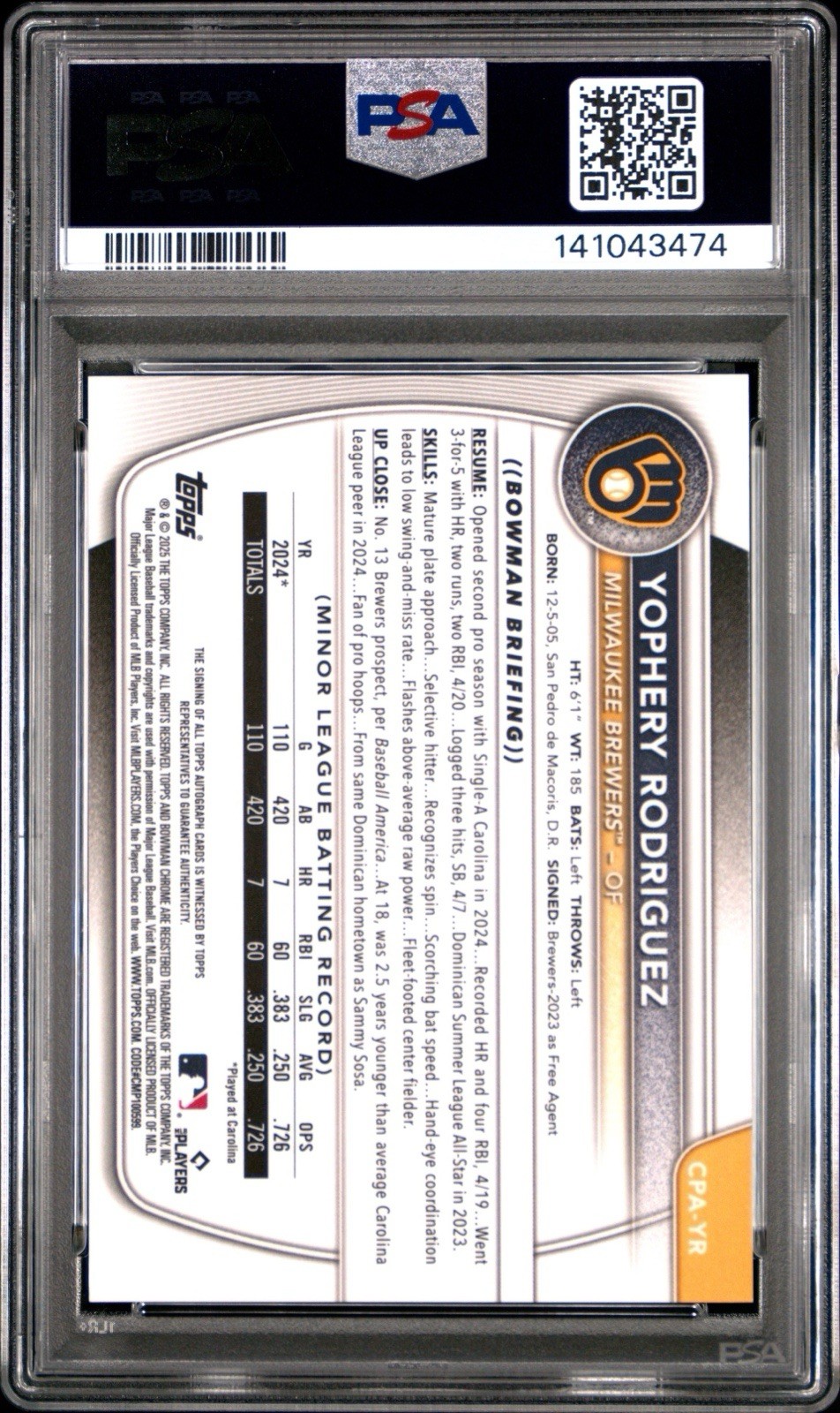 2025 Bowman Yophery Rodriguez 1st Chrome Orange Refractor Auto /25 PSA 10 view 2