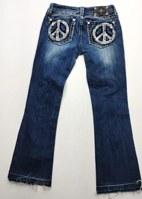 Miss Me Jeans Boot Cut Peace Sign Blue Denim Signature-Rise Womens 27 Bling