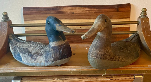 2 Vintage Canvas Duck Decoys (Scott - Armstrong ?) Wood Bills Glass Eyes Hunting