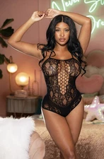 Shirley of Hollywood Stretch Lace and Knit Open Front Teddy Bodystocking Black