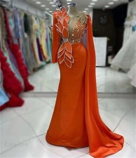 Luxury Orange Mermaid Prom Dresses Satin Rhinestones Pearls Cape Evening Gowns