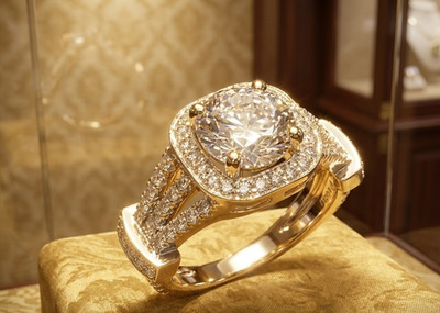 3CT Round Lab Created Diamond Cushion Halo Split Shank Ring 14K Yellow Gold Over
