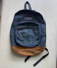 Vintage Jansport Backpack Green Tartan Plaid Leather Bottom Made In USA