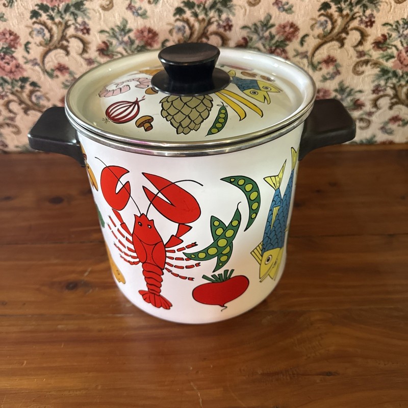 San Ignacio 4 Qt Enamelware Seafood Stock Pot Steamer Lobster Veggies w/ Basket