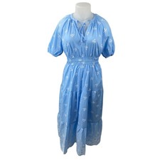Women's Blue Embroidered Smocked Tiered Tie Neck Puff Sleeve Midi Flare A-Line L