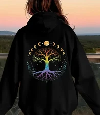 Women's Vibrant Life Tree Graphic Hoodie - Black Casual Pullover Sweatshirt