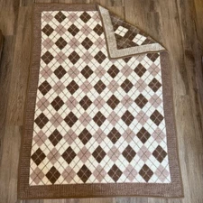 VTG Biederlack Argyle Plaid Reversible Throw Blanket Brown Beige Cream 73”X 52"