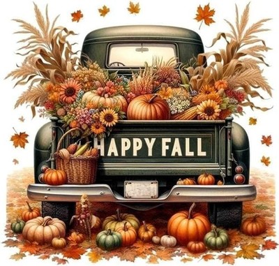 Happy Fall Classic Pick Up Truck Pumpkins Flowers 5D Diamond Drill Dot Art Kit !
