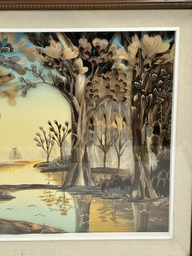 Forest Stream 3D Shadow Box Feather Art Scene 19 11/16” W X 16.25” T With Glass - Picture 2 of 24