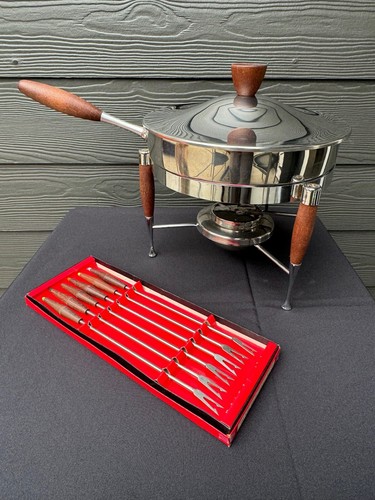 FONDUE POT TEAK STAINLESS STEEL DOUBLE BOILER W/FORKS VINTAGE/MID-CENTURY MODERN