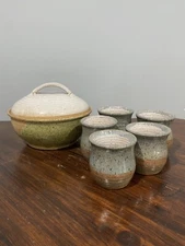  Vintage 7 Piece Pottery Set- Covered Casserole Dish With 5 Servers