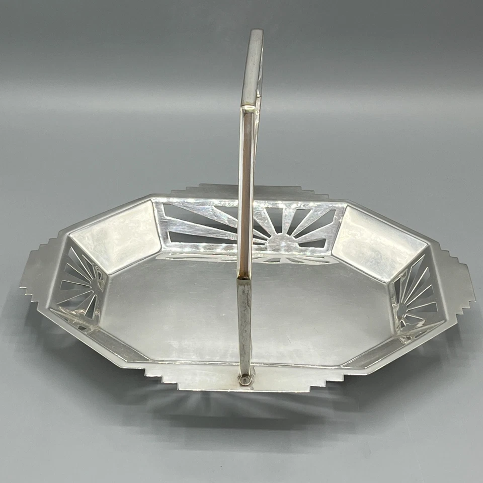 Antique Art Deco Silver Plated Fruit Cake Basket Dish Handle Sunburst Vtg 1930s - Image 4 of 4