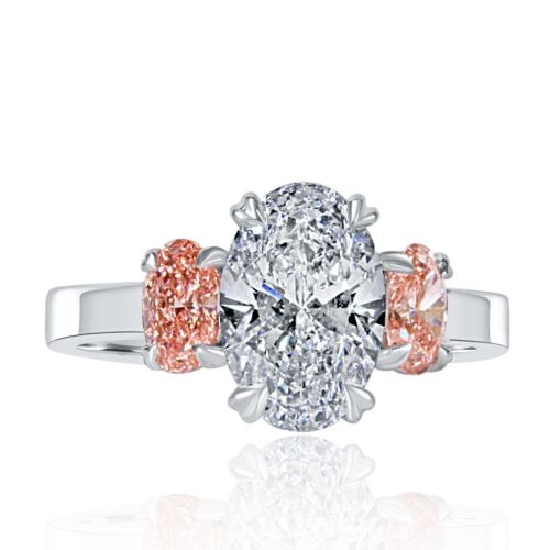 3 pierres IGI 2,17 ct D-VVS2 coupe ovale rose côté laboratoire cultivé or 14 carats - Photo 3 sur 12