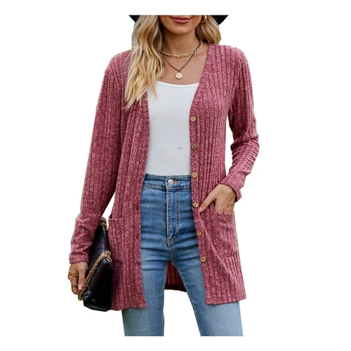 Damen Strickjacke Langarm vorne offen drapiert Pullover Knopfleiste Basic Cardigan - Bild 3 von 32