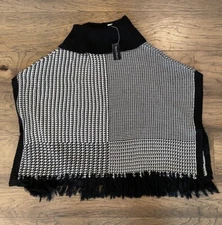 NWT White House Black Market Black White Cowl Neck Poncho Fringed Shawl Size XS
