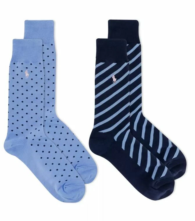 Polo Ralph Lauren Men's 2 Pack Polka Dot & Stripe Pony Dress Crew Sock 10-13