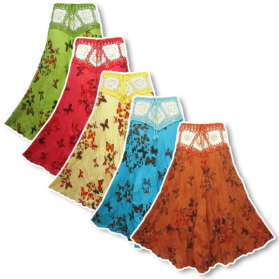 Boho Hippie Crochet Waist Butterfly Print Crinkle Long Skirt