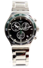 New Swiss Swatch Dark Green Irony Chronograph Steel Date Watch 44mm YVS506G $220