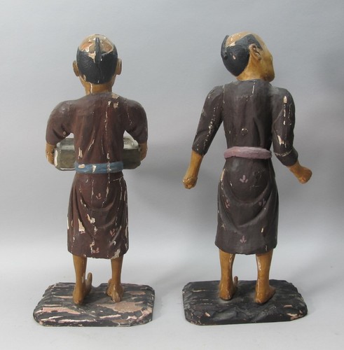 Rare Antique Pair of 18th C. CHINESE EXPORT Carved Wood Figures,  circa 1750 - Picture 4 of 12