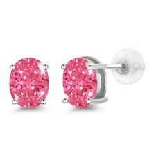 14K White Gold Stud Earrings Set with Oval Fancy Pink Zirconia