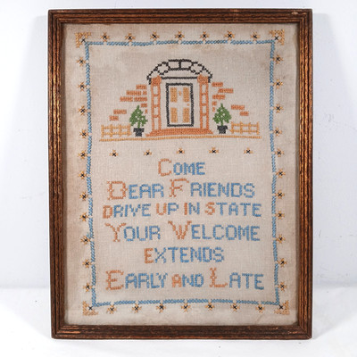 1930s ''Colonial Sampler'' by Vogue Needlecraft Pattern No. 585 Framed Under Glass