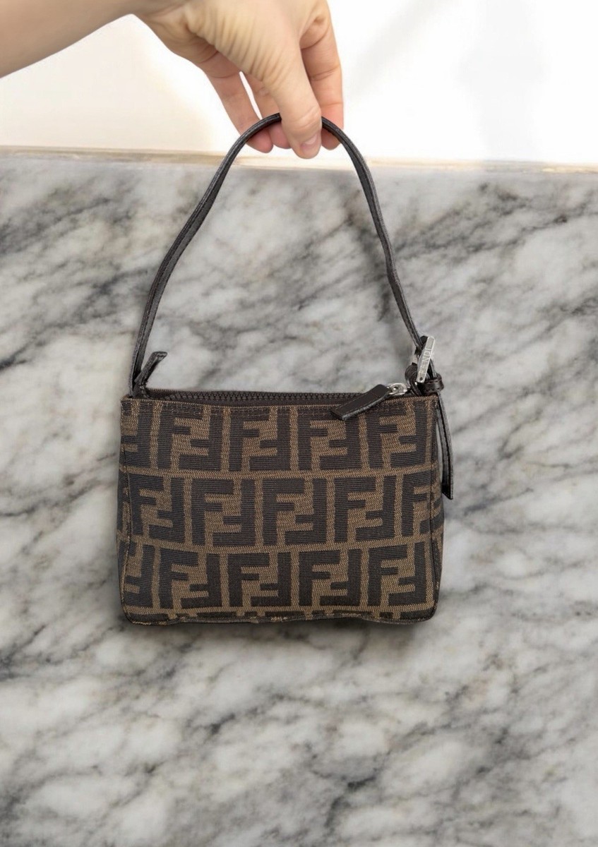 Fendi Vintage Brown Canvas Zucca Print Mini Handbag Pouch