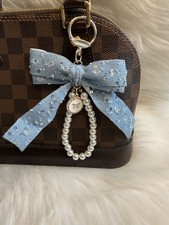 Denim Bow Pom Pom Keychain Bag Charm Silver Color Heart Faux Pearl Strap Gift