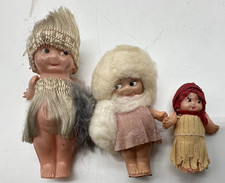 Kewpie Style Miniature Celluloid Carnival Dolls Lot of 3 Crepe Outfits Japan