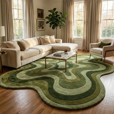 Modern Wavy Green Wool Rug Abstract Irregular Shape Hand Tufted Living Room Rug