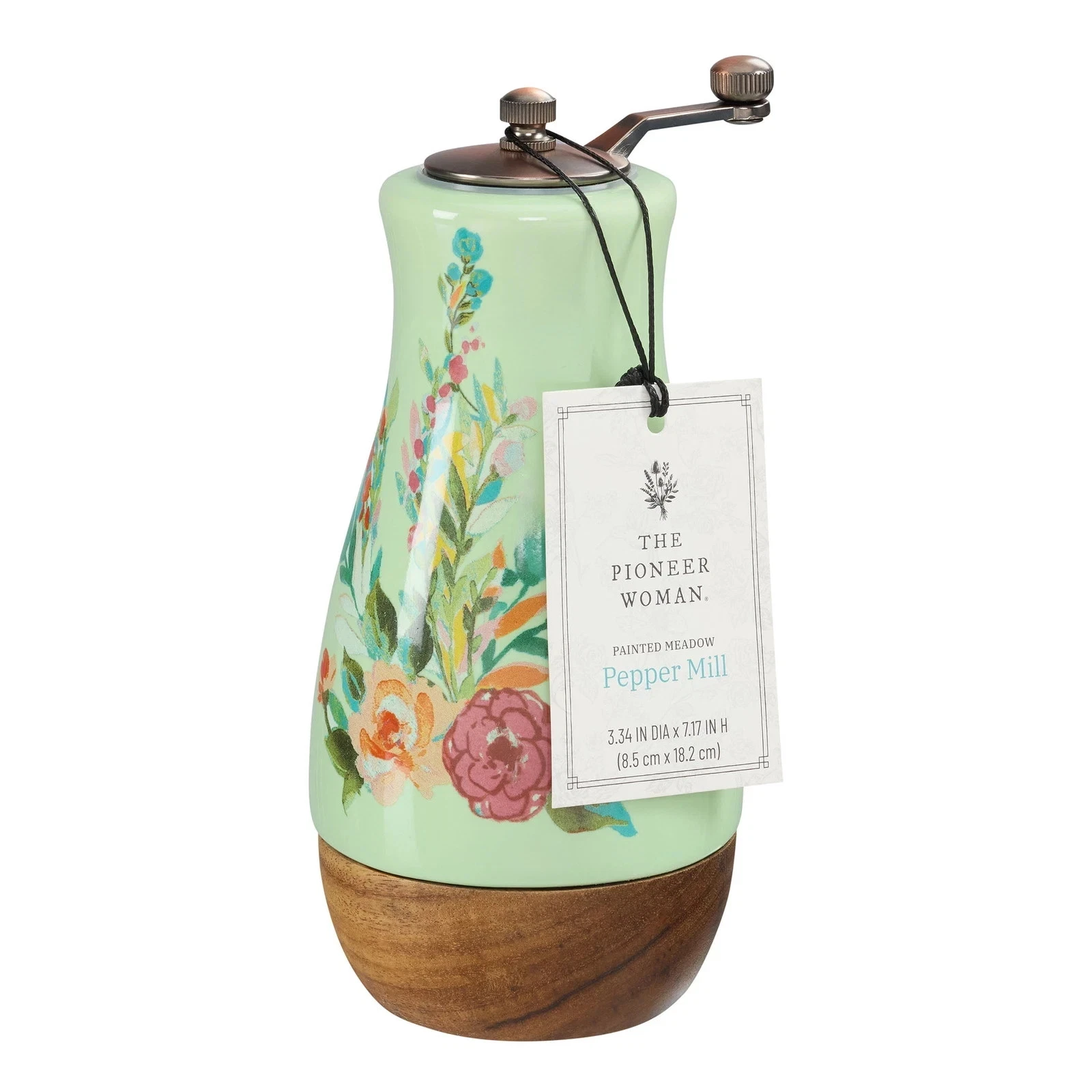 The Pioneer Woman Painted Meadow Ceramic Pepper Mill with Acacia Wood Base