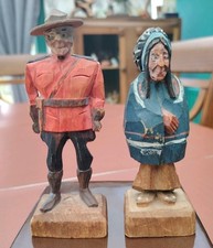 2 Vintage Hand Carved Wooden  Figurines By Tom Hannah, Indian Chief And Mountie