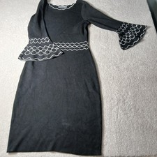 Danny and Nicole Black Sweater Dress Medium Bell Sleeves white honeycomb Stitch 