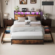 VINGLI Queen Bed Frame with 4 Storage Drawers and Headboard, Metal Platform Pane