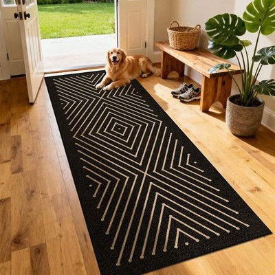 Washable Modern Geometric Easy Jute Runner Rug, 2x6 Black Neutral Boho Outdoo...