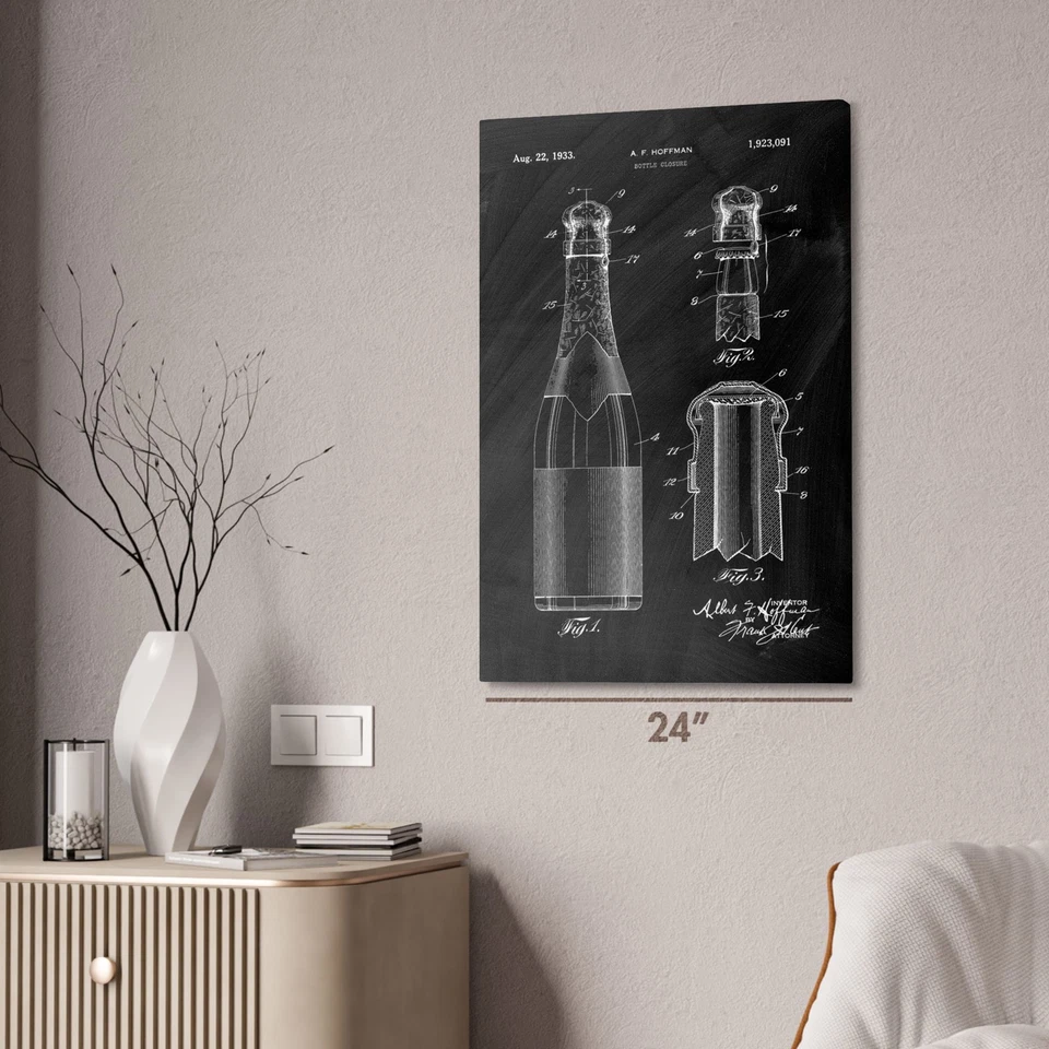 Champagne Bottle Patent Wall Art Poster, Canvas or Framed Wine Bar Art - Image 3 of 4
