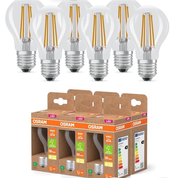6Er Pack Osram E27 Led Lampe Classic Klar 3,8W Wie 60W WarmweißEs Licht 2700K-image