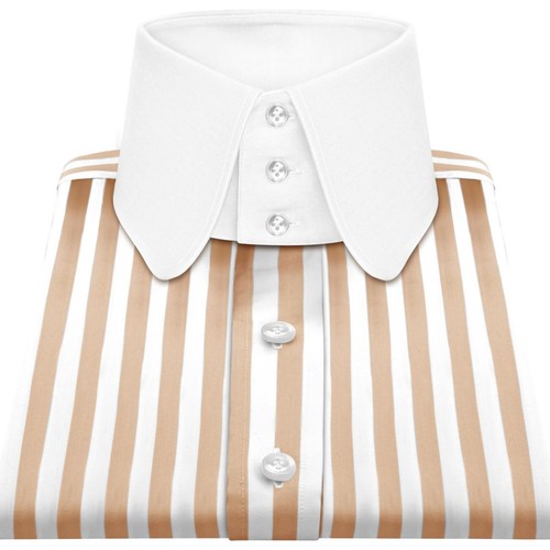 Men's Brown White Awning Stripes Tall Neck 1950's High Penny Round Collar Shirt - Picture 3 of 9