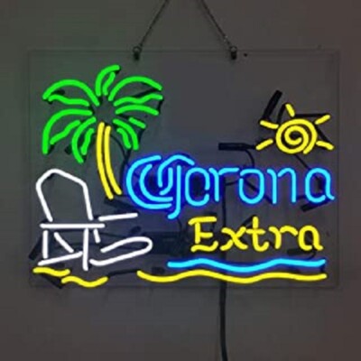 Corona Extra Beer Palm Tree Beach Sun Chair Acrylic 20''x16'' Neon Sign Light Lamp