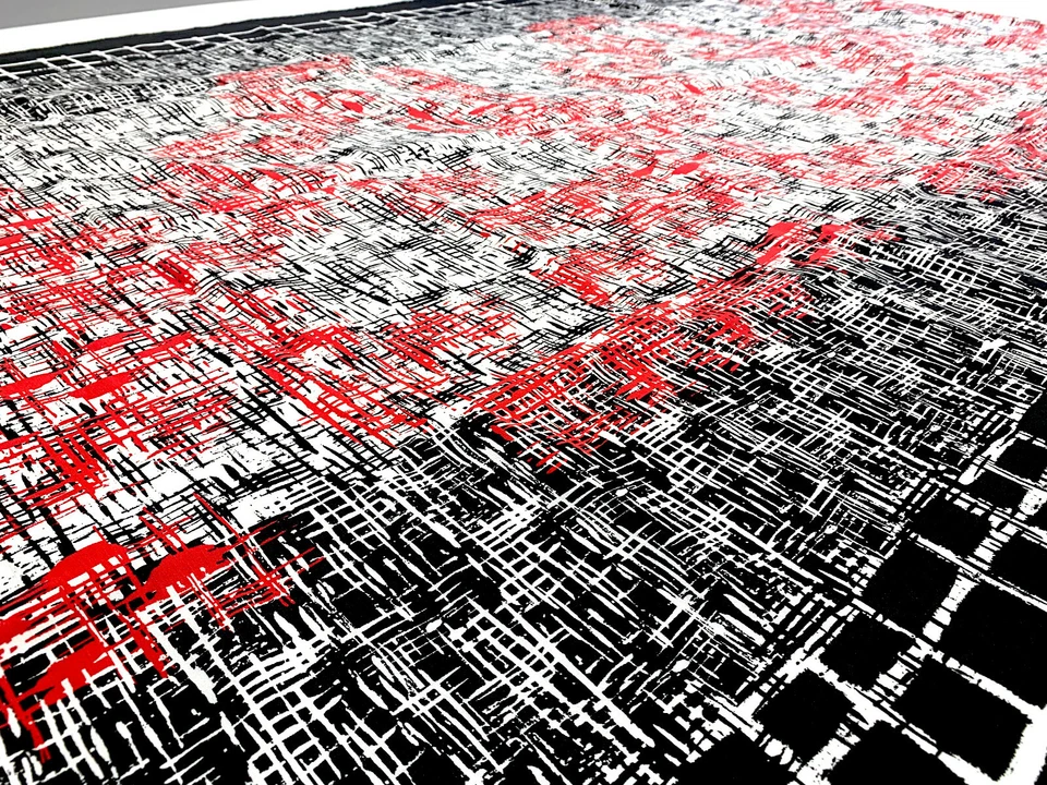 Tela estampada roja en blanco y negro de moda con elástico por yarda Foto 4 de 4